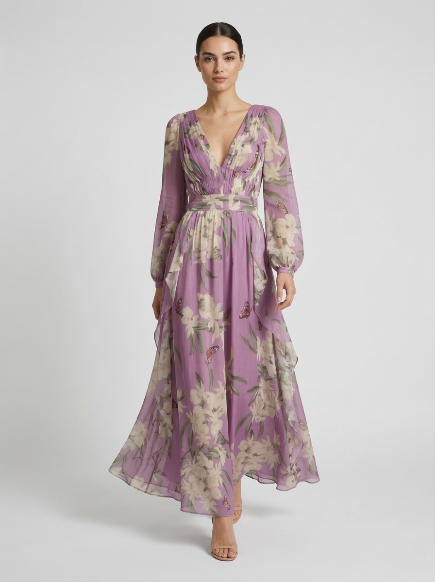 Women's Lilac Purple Floral Chiffon Maxi Dress – Deep V-Neck Long Sleeve Butterfly Print Boho Wedding Guest Evening Gown