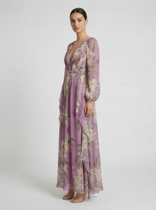Women's Lilac Purple Floral Chiffon Maxi Dress – Deep V-Neck Long Sleeve Butterfly Print Boho Wedding Guest Evening Gown