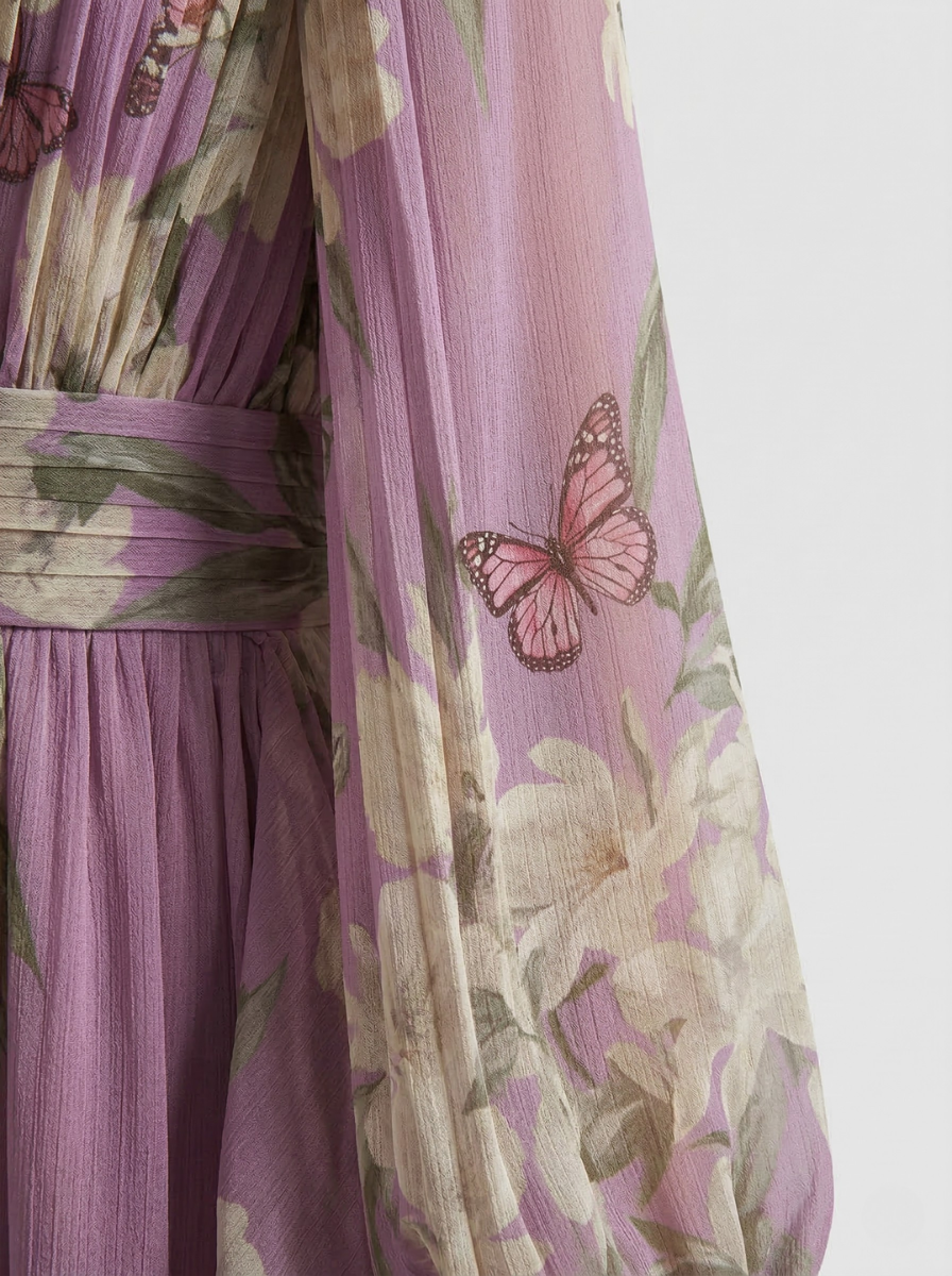 Women's Lilac Purple Floral Chiffon Maxi Dress – Deep V-Neck Long Sleeve Butterfly Print Boho Wedding Guest Evening Gown