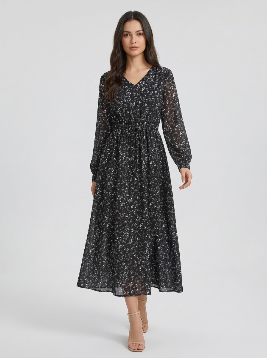Women's Black Ditsy Floral Chiffon Midi Dress – V-Neck Long Sleeve Smocked Elastic Waist Boho Flowy A-Line Casual Dress