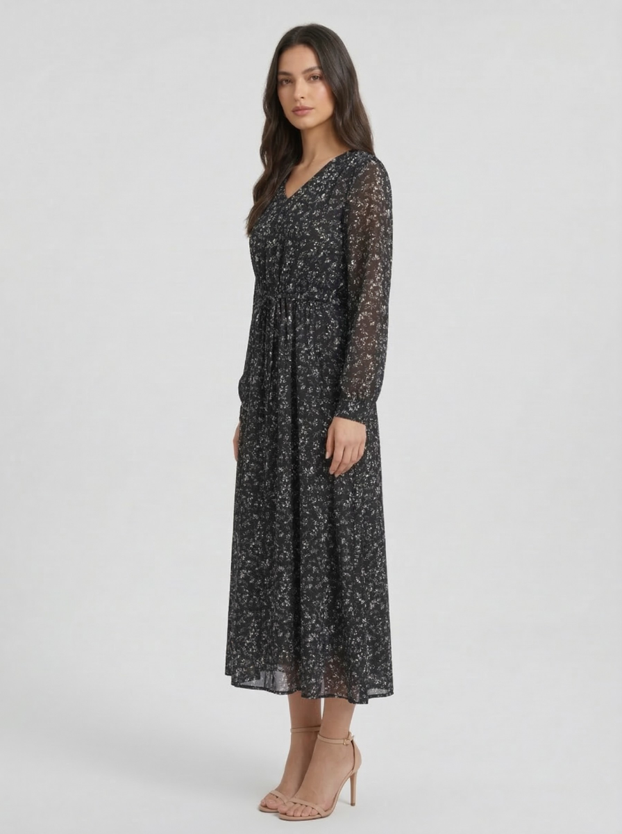 Women's Black Ditsy Floral Chiffon Midi Dress – V-Neck Long Sleeve Smocked Elastic Waist Boho Flowy A-Line Casual Dress