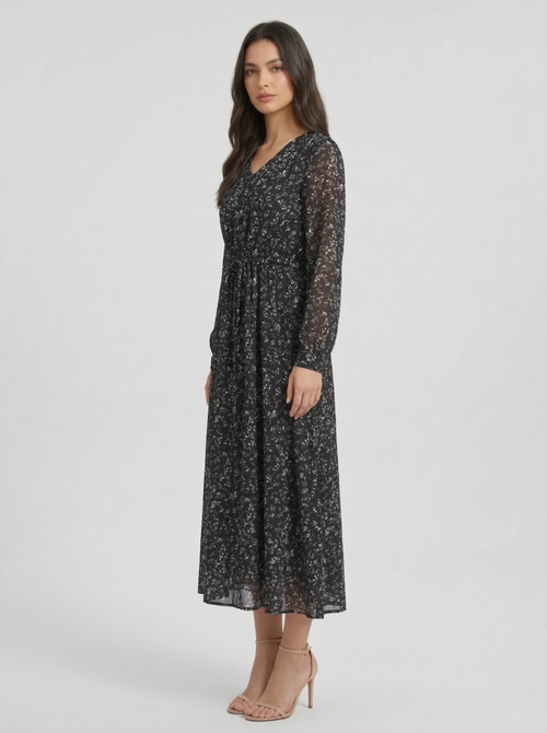 Women's Black Ditsy Floral Chiffon Midi Dress – V-Neck Long Sleeve Smocked Elastic Waist Boho Flowy A-Line Casual Dress