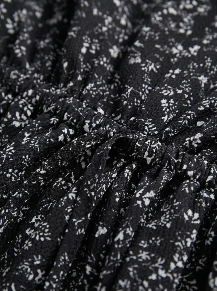 Women's Black Ditsy Floral Chiffon Midi Dress – V-Neck Long Sleeve Smocked Elastic Waist Boho Flowy A-Line Casual Dress