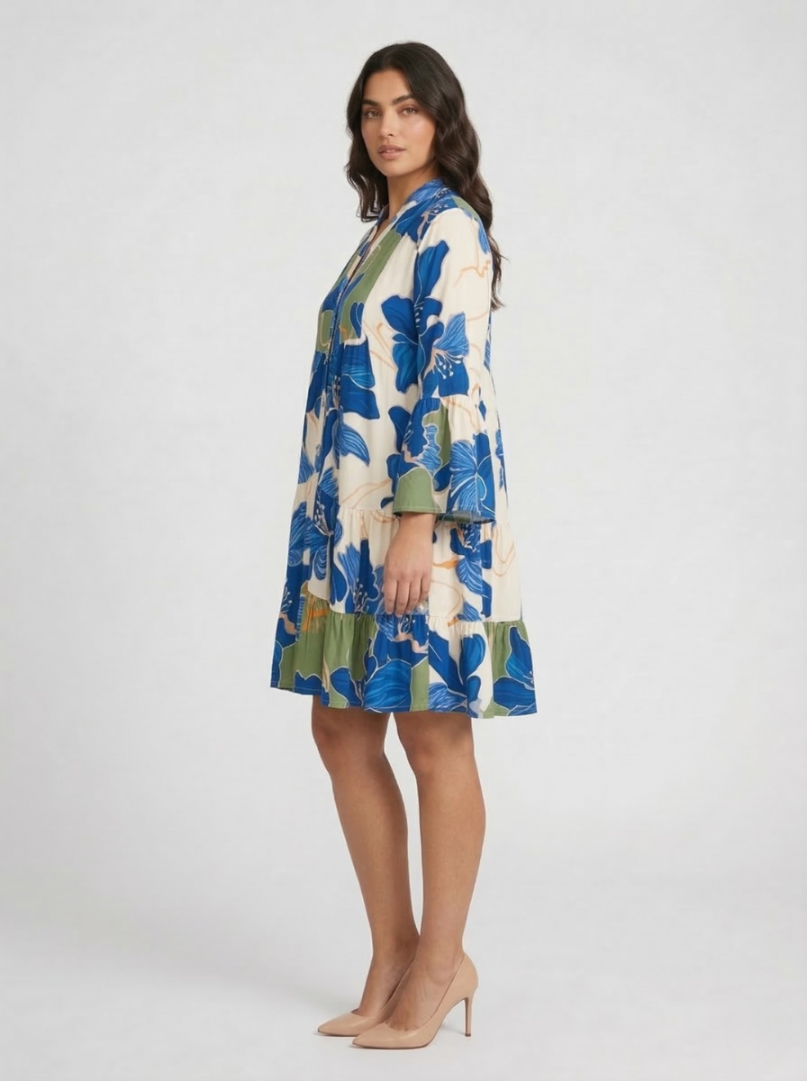 Women's Blue Bold Floral Swing Mini Dress – 3/4 Sleeve Button-Front Tiered Ruffle Hem Boho Summer Dress
