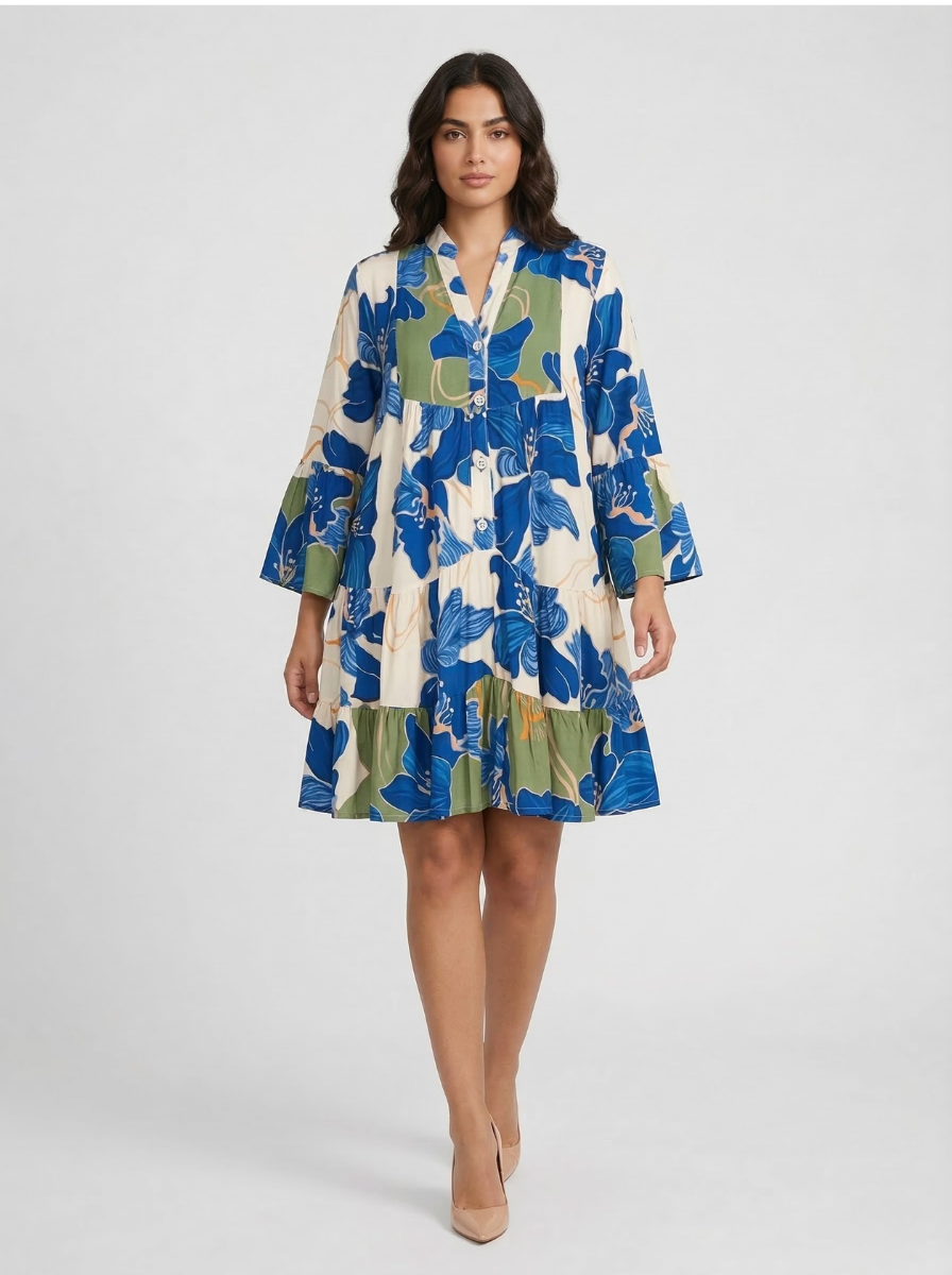 Women's Blue Bold Floral Swing Mini Dress – 3/4 Sleeve Button-Front Tiered Ruffle Hem Boho Summer Dress