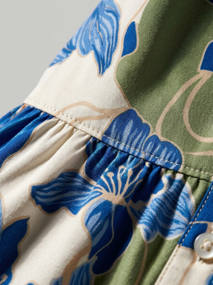 Women's Blue Bold Floral Swing Mini Dress – 3/4 Sleeve Button-Front Tiered Ruffle Hem Boho Summer Dress