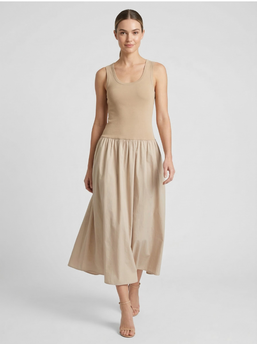 Women's Beige Two-Fabric Midi Dress – Ribbed Tank Bodice Gathered Woven Skirt Sleeveless Drop Waist Summer Dress