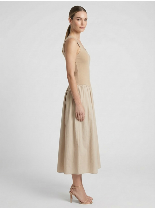 Women's Beige Two-Fabric Midi Dress – Ribbed Tank Bodice Gathered Woven Skirt Sleeveless Drop Waist Summer Dress
