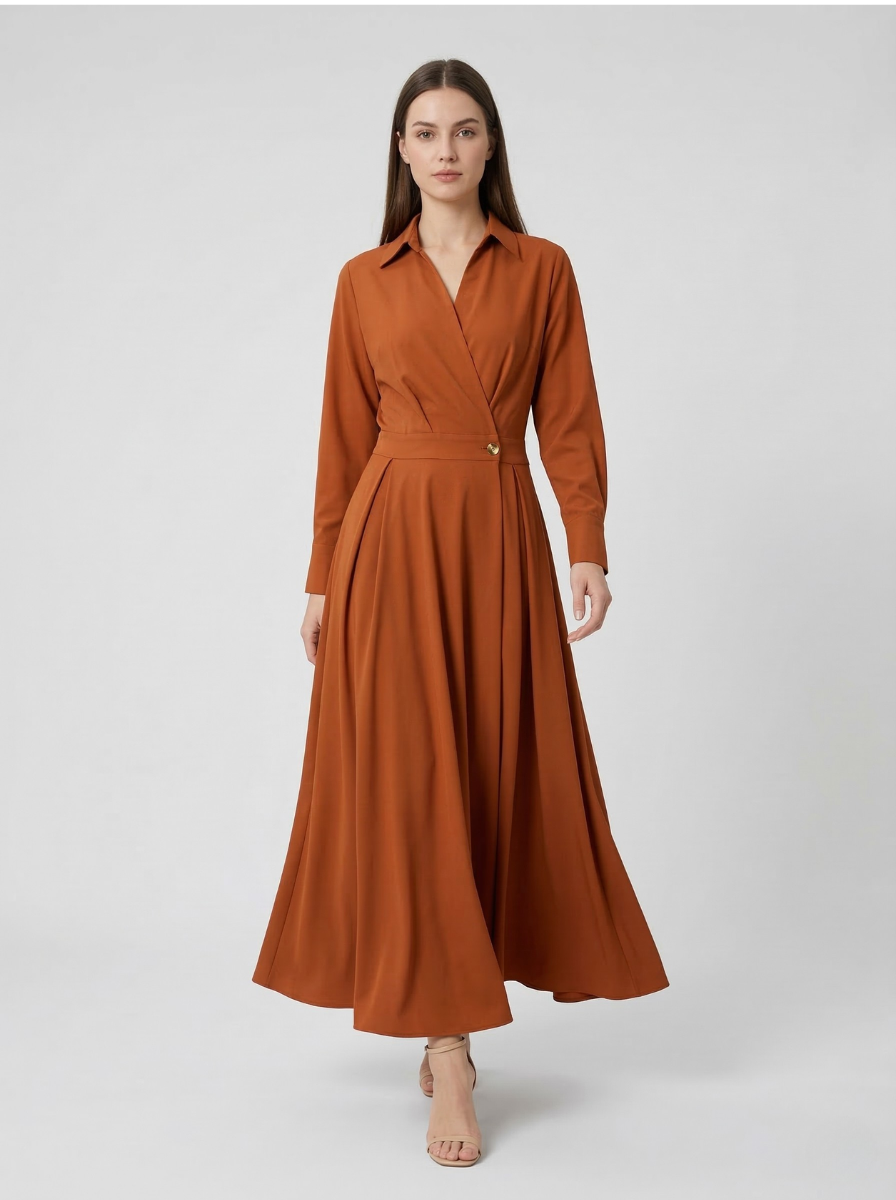 Women's Rust Cognac Wrap Front Maxi Dress – Long Sleeve Collared Gold Button Waist A-Line Elegant Work Dress