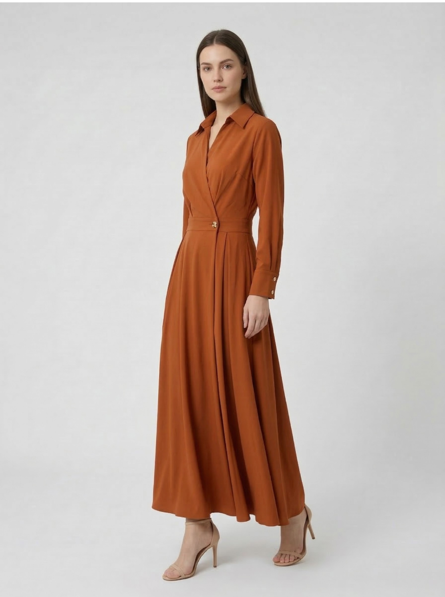 Women's Rust Cognac Wrap Front Maxi Dress – Long Sleeve Collared Gold Button Waist A-Line Elegant Work Dress