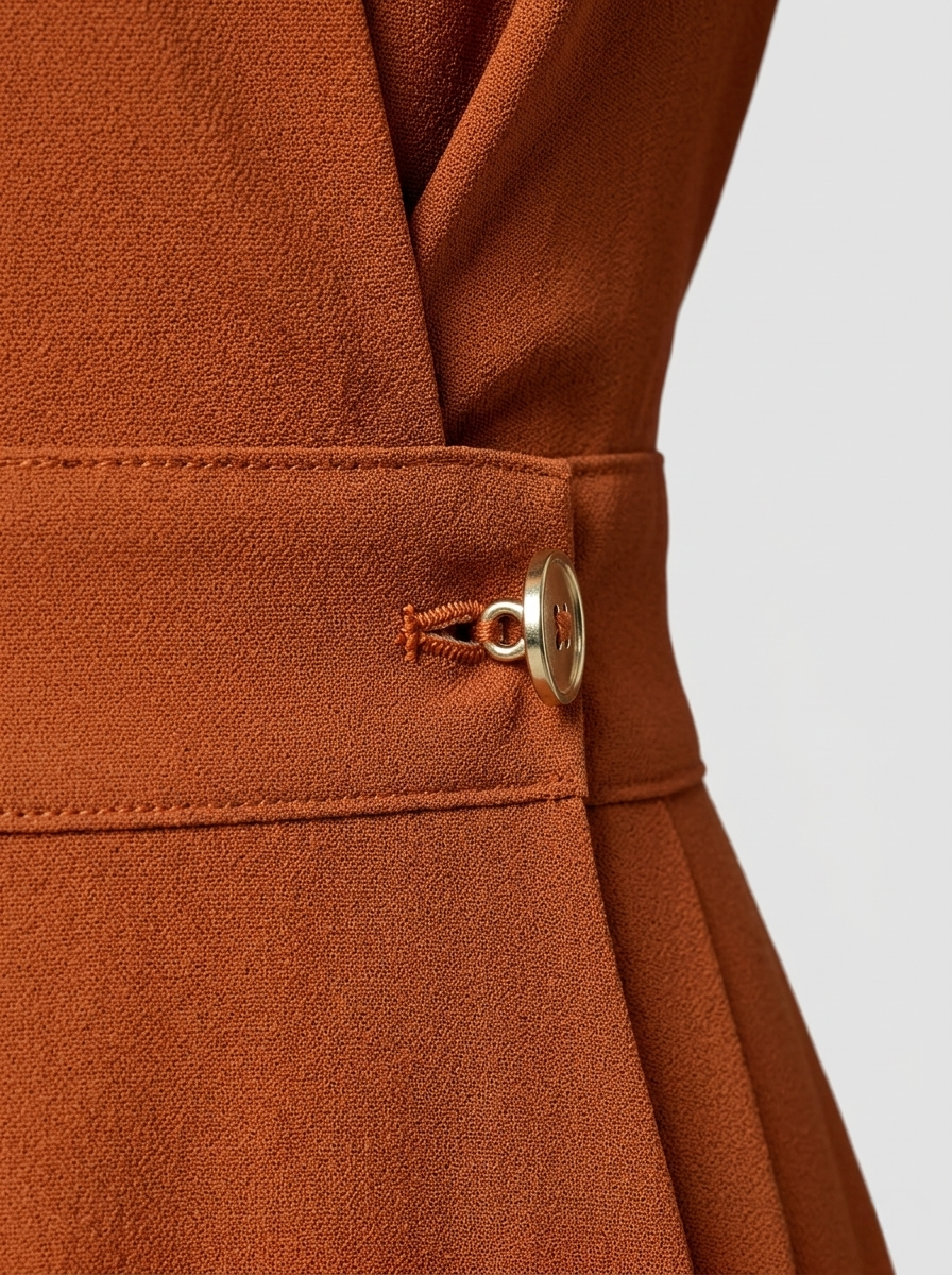 Women's Rust Cognac Wrap Front Maxi Dress – Long Sleeve Collared Gold Button Waist A-Line Elegant Work Dress